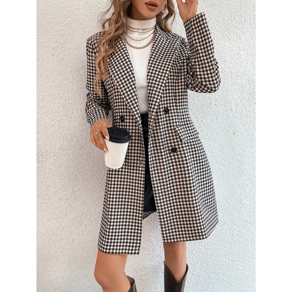 Gingham Print plaid oversized Blazer brown tan academia - Picture 4 of 6